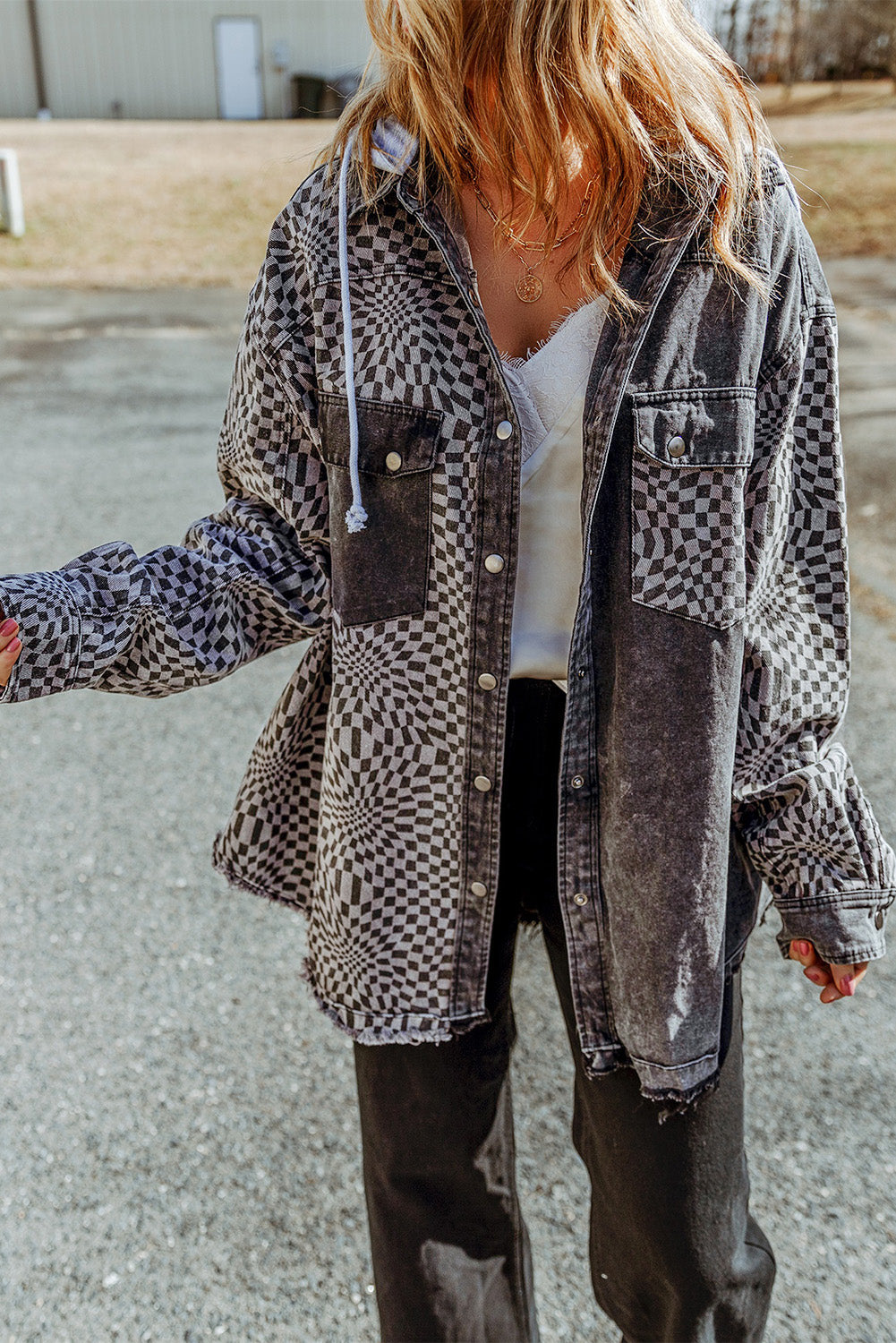 Transform your denim game with our Gray Checked Patchwork Frayed Hem Hooded Denim Shacket! The high waist design adds a touch of sexiness while the paper bag waist brings a feminine and chic look. The mineral wash gives it a fashionable edge, and the fold edge takes it to a whole new level.