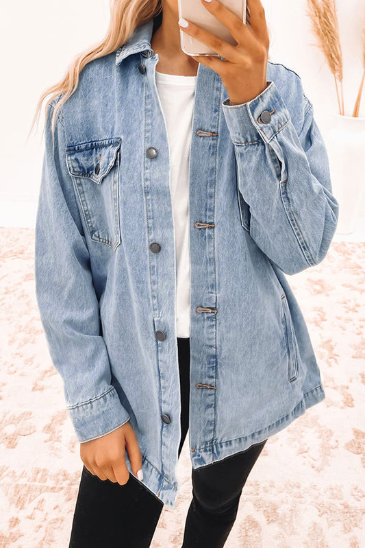 Introducing our Sky Blue Acid Wash Flap Pocket Boyfriend Shacket - the ultimate combination of a shirt and jacket! This lovely shacket features a sky blue acid wash design and flap pockets, perfect for a playful and laid-back look. Stay on-trend with our versatile and fun shacket!