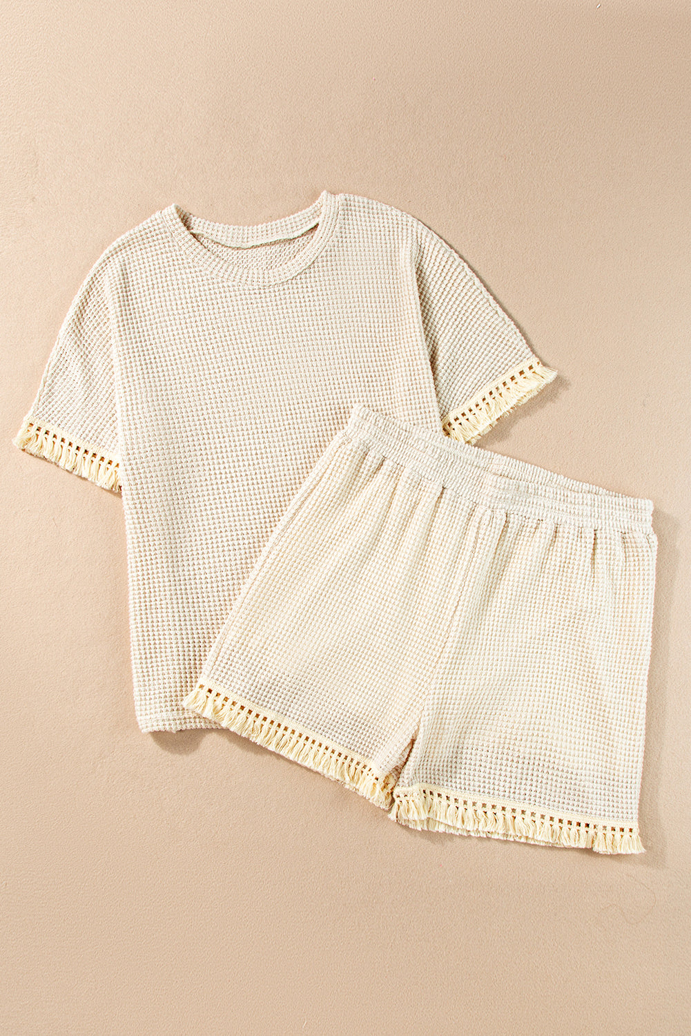 Beige Fringe Trim Textured Short Two Piece Set - Forever Summer - Thread Harbor Clothing Company