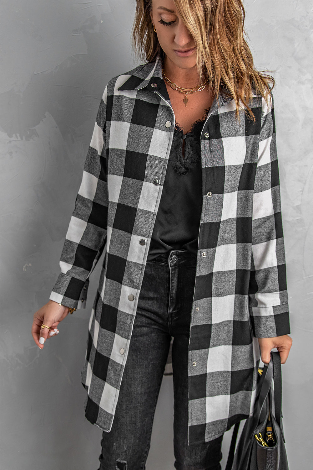 Black Turn-Down Collar Plaid Shirt Coat