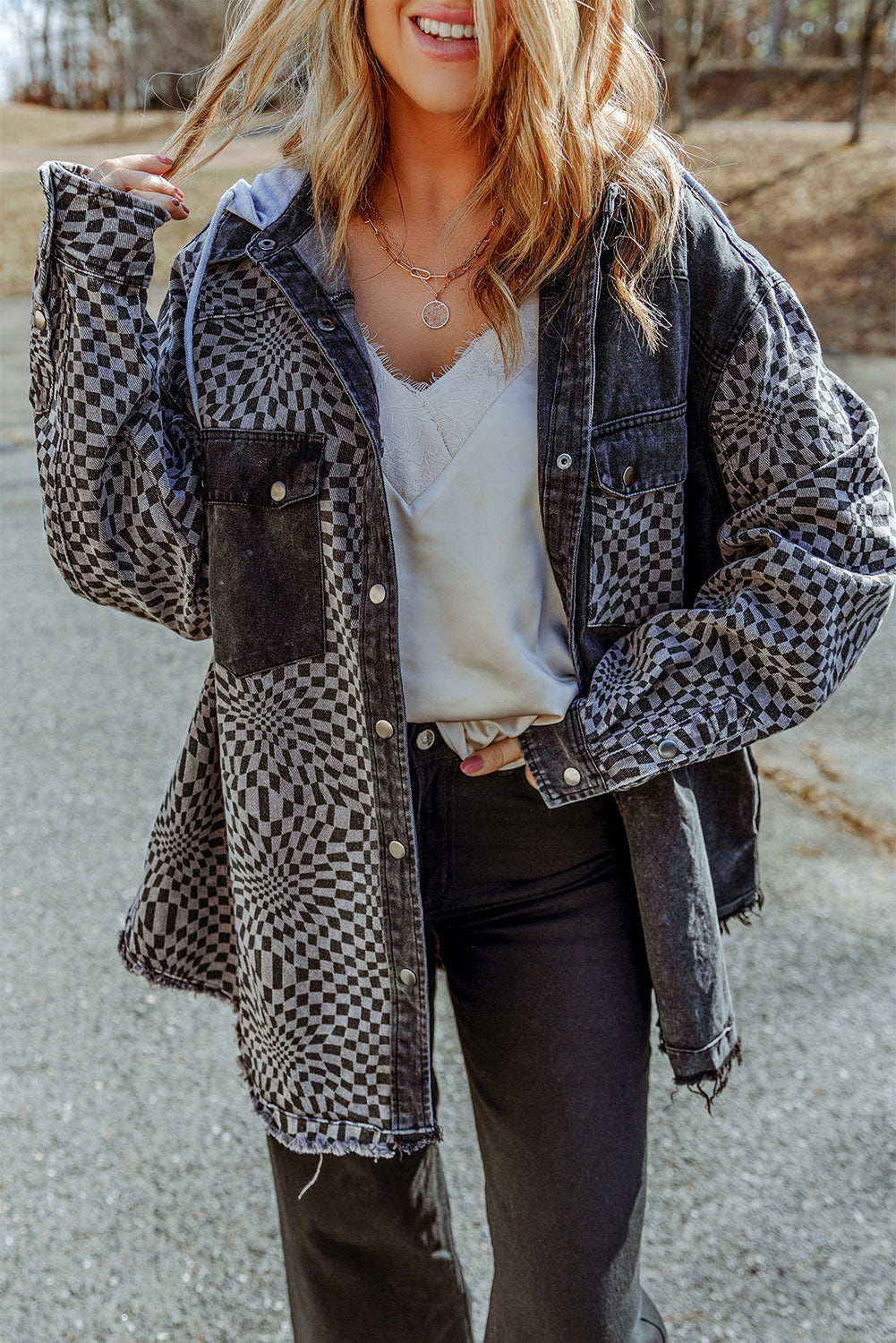 Transform your denim game with our Gray Checked Patchwork Frayed Hem Hooded Denim Shacket! The high waist design adds a touch of sexiness while the paper bag waist brings a feminine and chic look. The mineral wash gives it a fashionable edge, and the fold edge takes it to a whole new level.