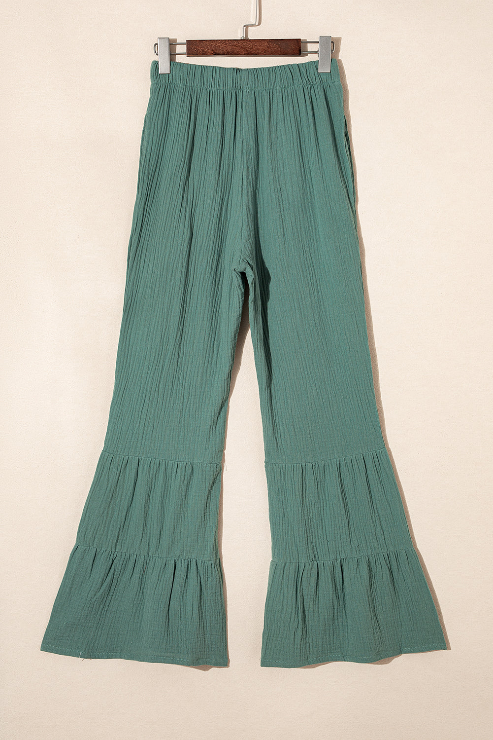 Classy Green Textured High Waist Ruffled Bell Bottom Pants