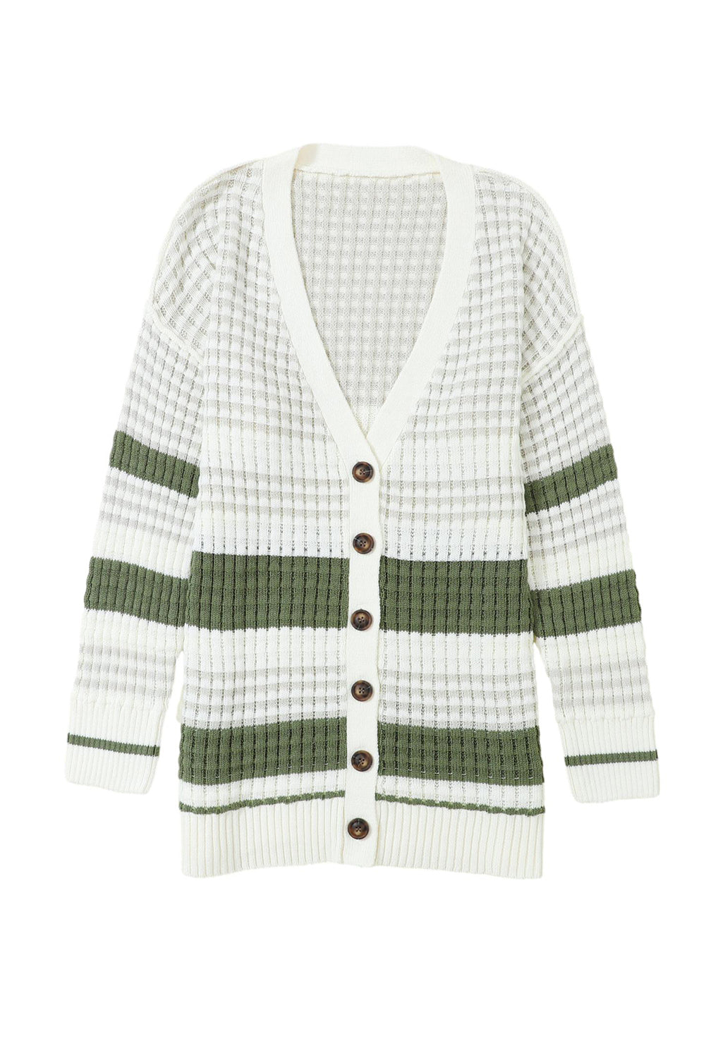 Get ready to add some color to your wardrobe with this Green Colorblock Textured Knit Buttoned Cardigan! The block-striped lightweight weave brings a playful touch to any outfit, while the rows of buttons down the front make for easy layering. Plus, the carefully knitted patterns and ribbed details add a touch of elegance to this quirky and fun cardigan.