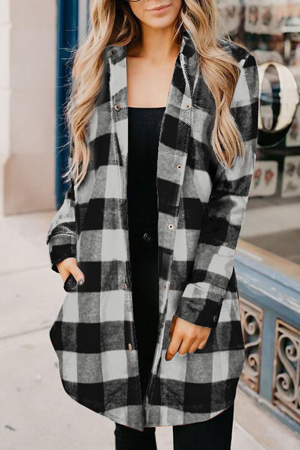 Black Turn-Down Collar Plaid Shirt Coat