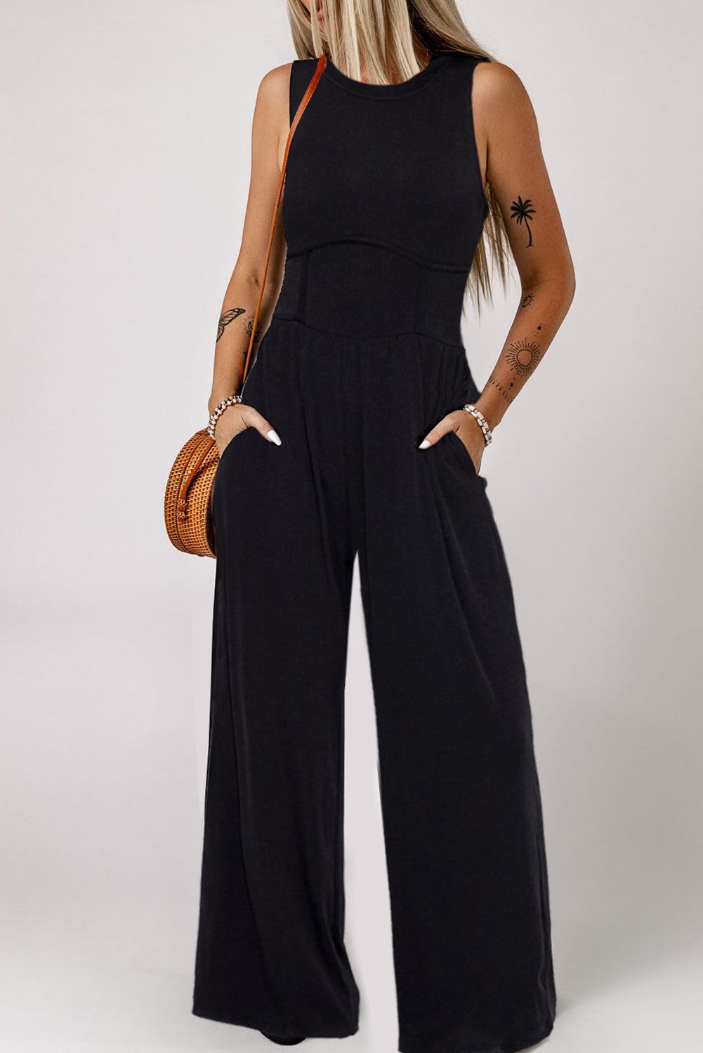 Black Cinched Waist Sleeveless Wide Leg Jumpsuit - Thread Harbor Clothing Company