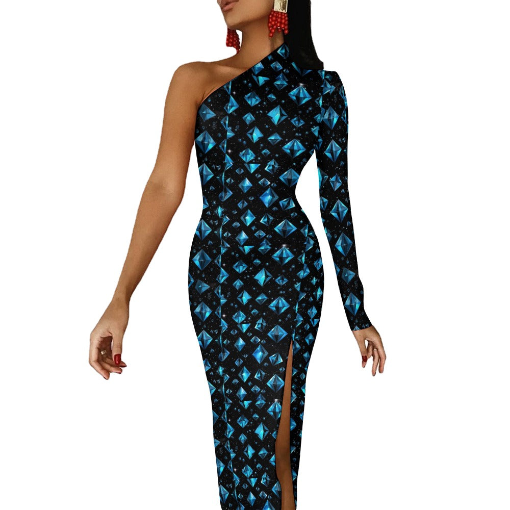 Black Original Graphic Print Diamond Pattern Half Sleeve Slit Dress