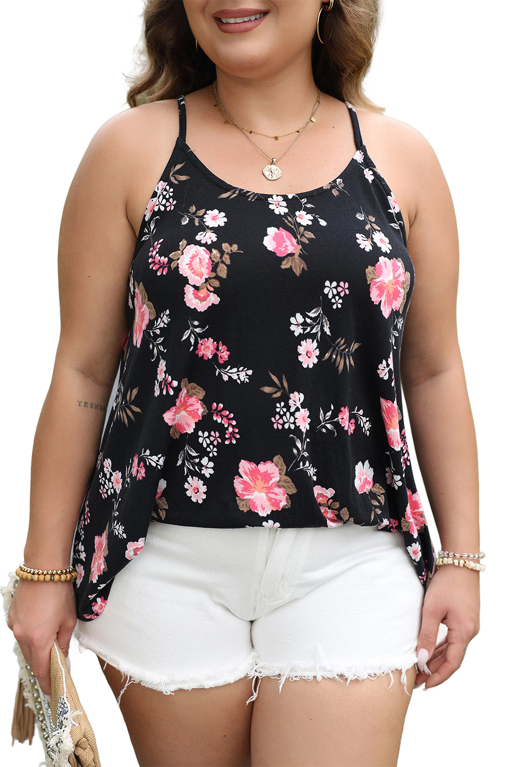 Black Plus Size Floral Strappy Racerback Top