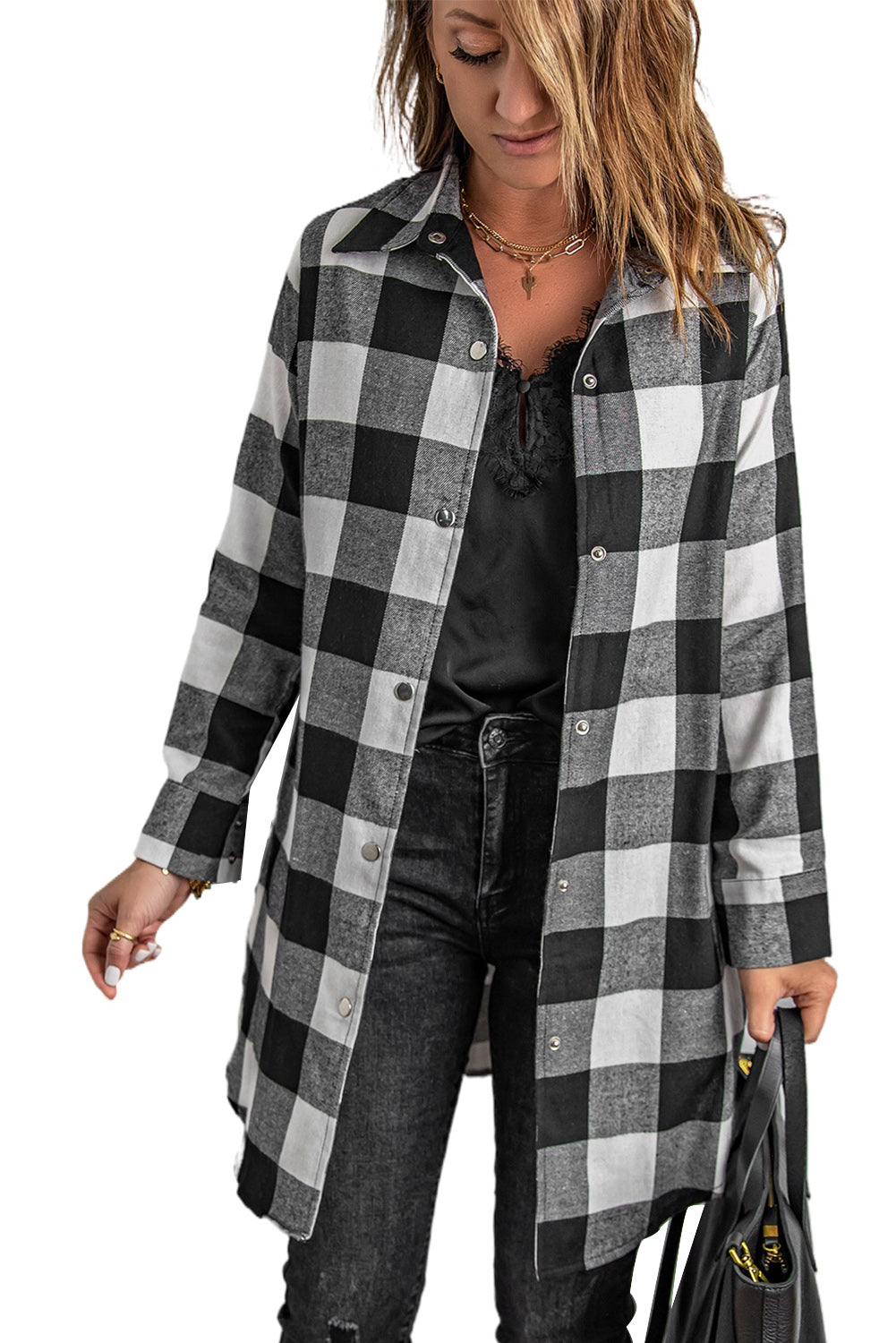 Black Turn-Down Collar Plaid Shirt Coat