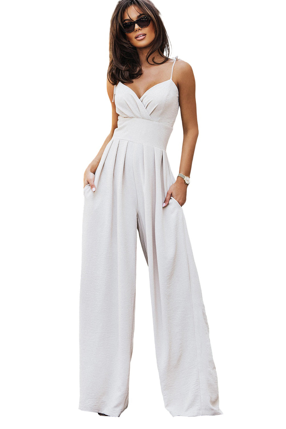 Beige Spaghetti Straps Pleated High Waist Wide Leg Jumpsuit - Thread Harbor Clothing Company