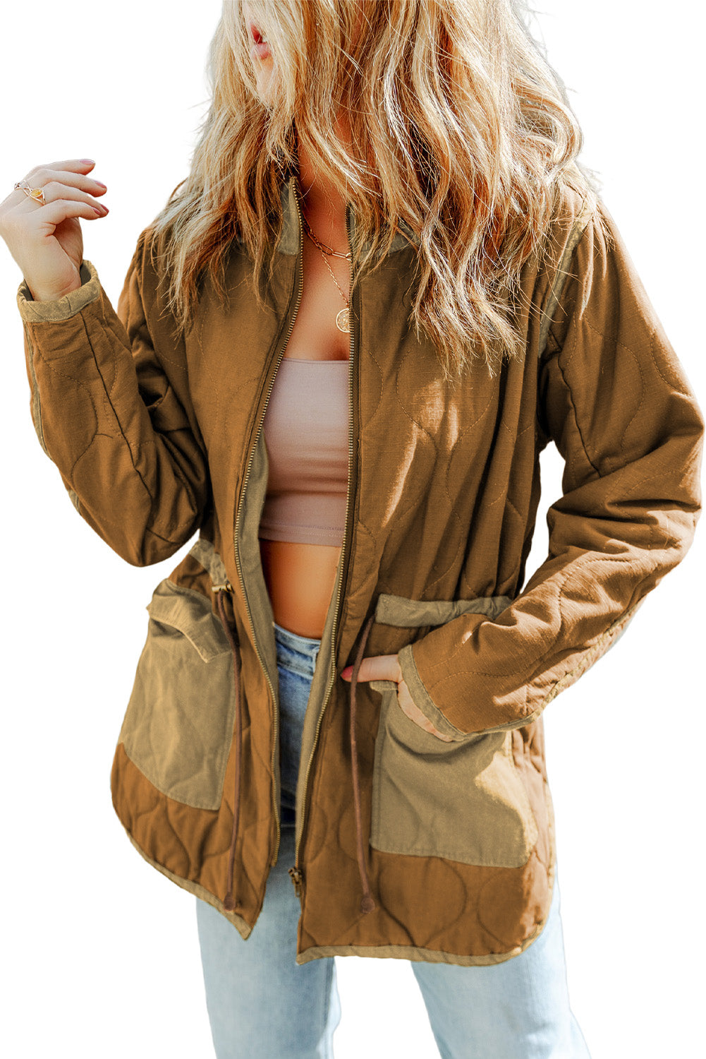 Stay warm and stylish with our Brown Stitching Quilted Drawstring Jacket. The high neck and drawstring provide excellent protection against the cold wind, while the zip-up design and pockets make it practical and easy to wear. Pair it with your favorite pants or jeans for a chic winter look.