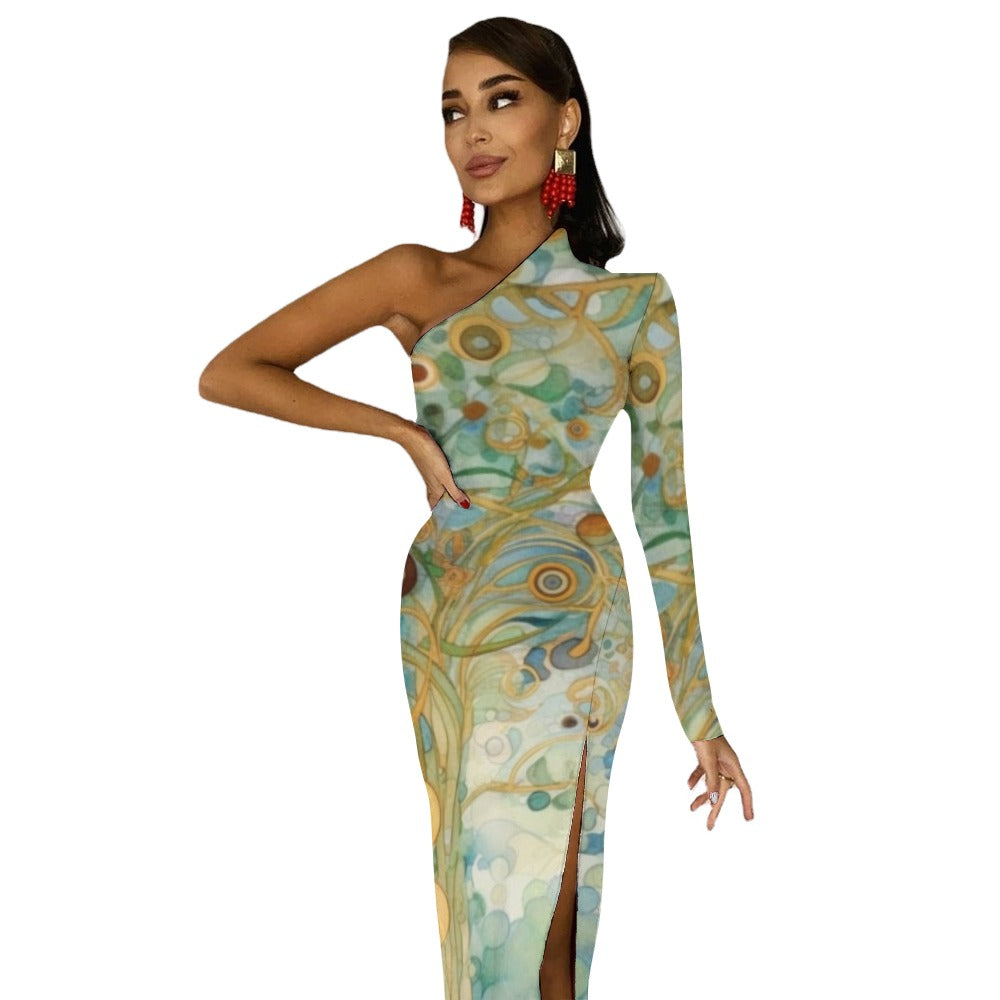 Original Design Print Half Sleeve Slit Maxi Bodycon Dress