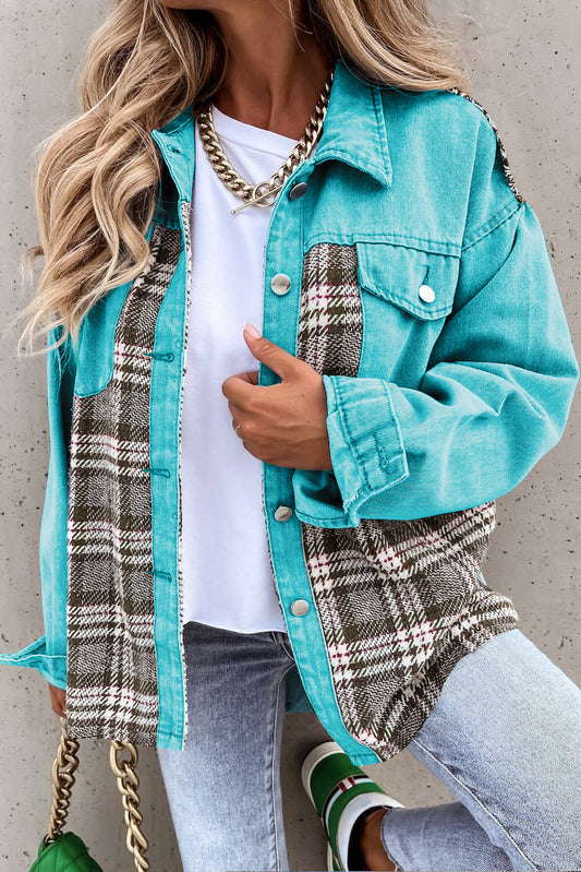 This sky blue denim jacket is a must-have for any fashion-forward individual. The unique plaid patchwork pockets add a touch of playful sophistication to this classic piece. Stay stylish and warm while making a statement with this versatile jacket.