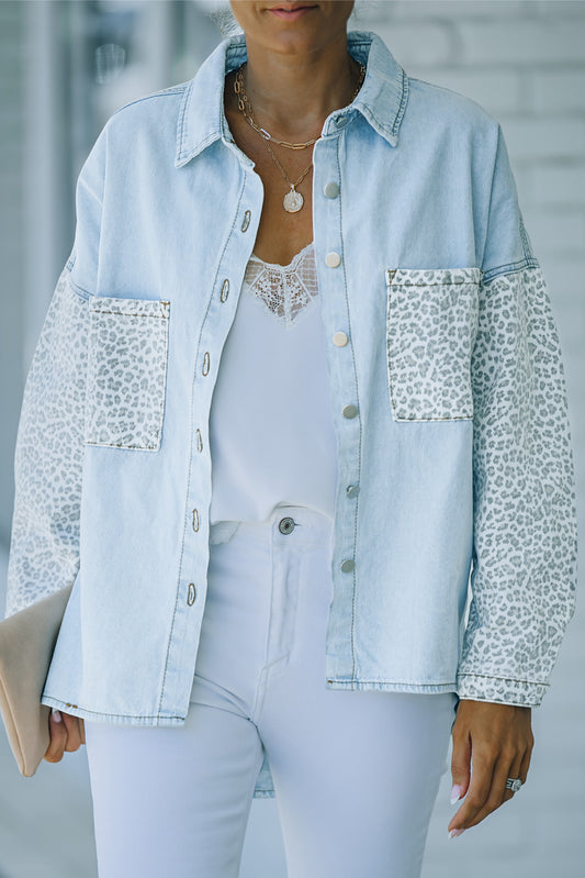 Be bold and make a statement in our Sky Blue Contrast Leopard Denim Jacket. Featuring a stunning sky blue color and eye-catching leopard print contrast, this jacket will turn heads and elevate any outfit. Made with high-quality denim, it offers both style and durability.