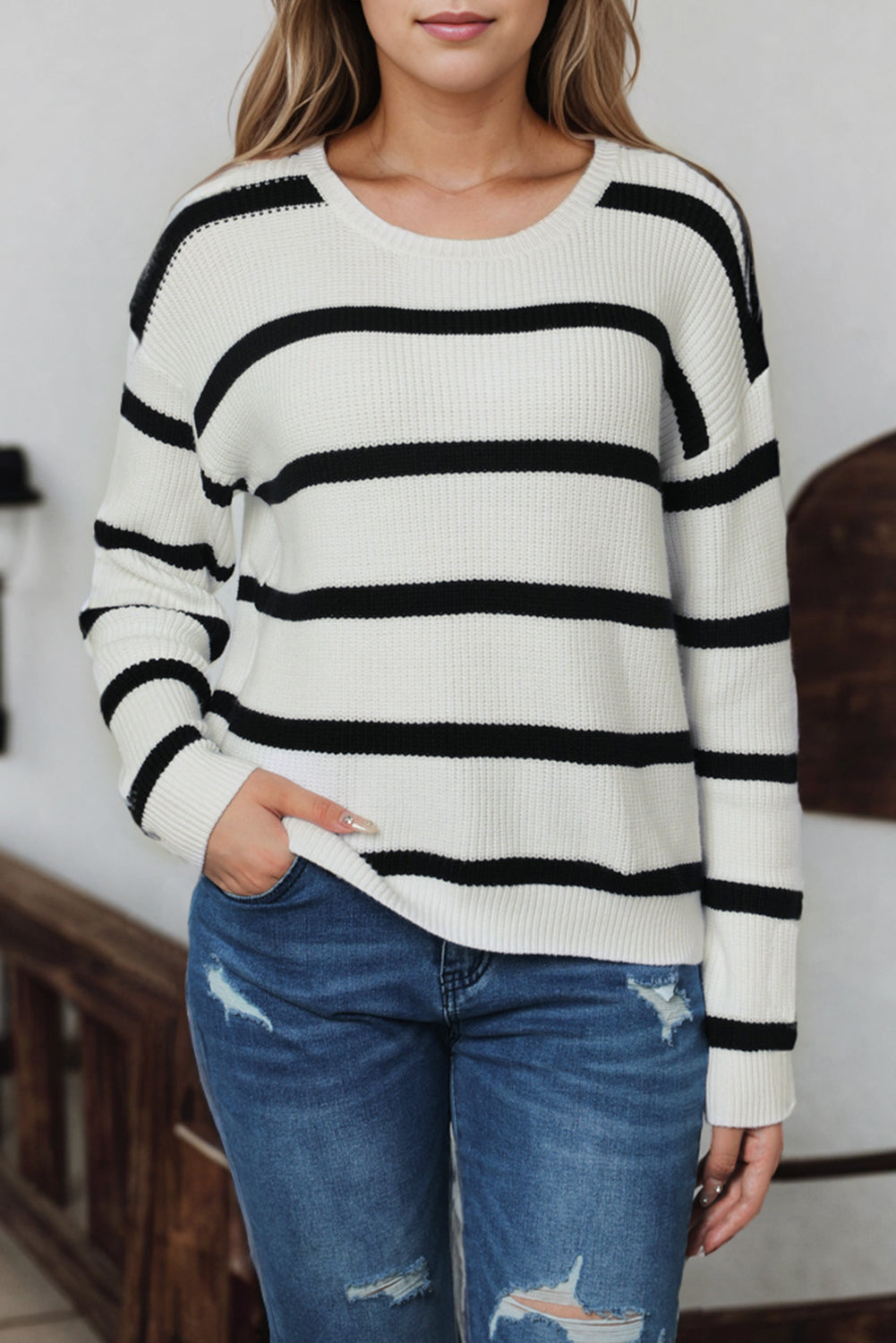 Beige with Black Stripes Long Sleeve Sweater with Button Decor on Shoulders - Thread Harbor Clothing Company