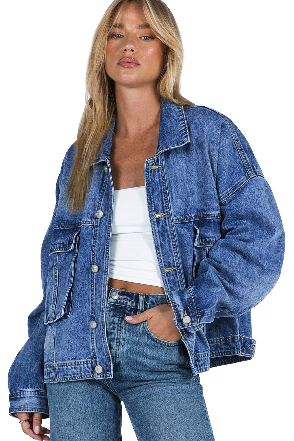 Get ready to drop it like it's hot in our Blue Chest Pockets Drop Shoulder Loose Denim Jacket! With its trendy oversized fit, convenient chest pockets, and unique dropped shoulder design, this jacket is perfect for a casual, yet stylish look. Say hello to your new favorite wardrobe staple, available now in blue denim.