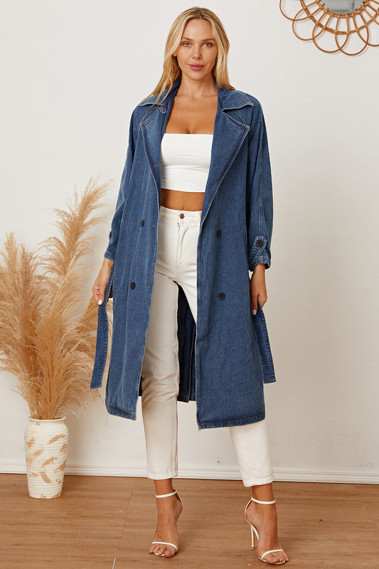 Double-Breasted Belted Long Denim Jacket